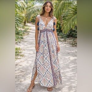 Ash & Eden Boho Maxi Dress Size Small | Tassel Tie Straps V-Neck